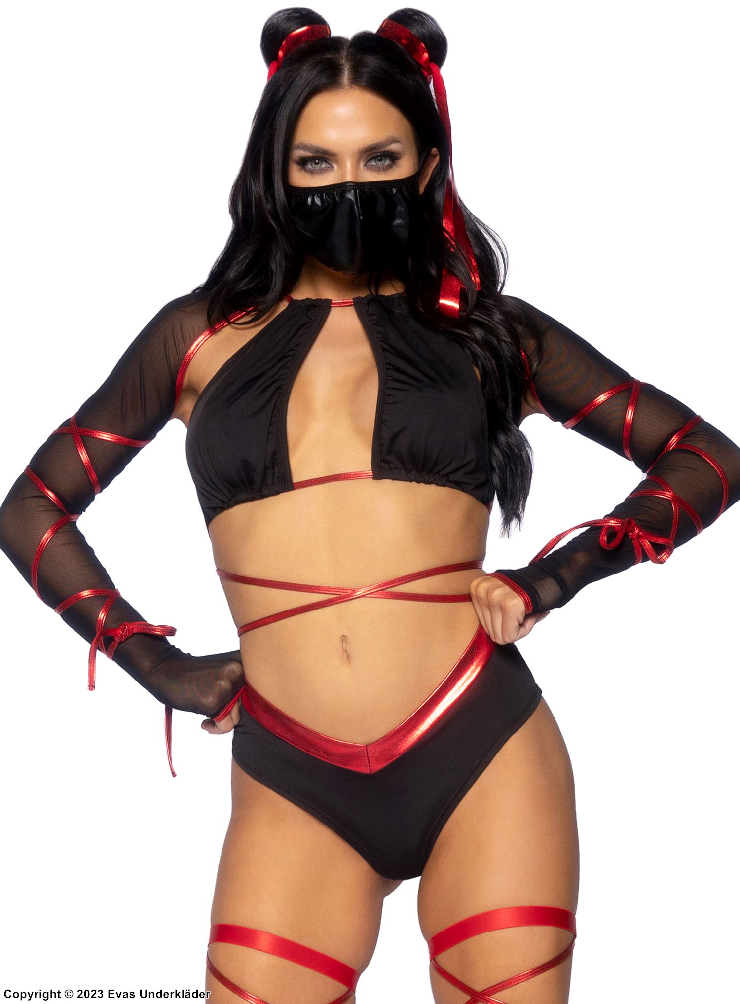 Kvinnlig ninja (aka kunoichi), maskeradunderkläder i mesh med korslagda band
